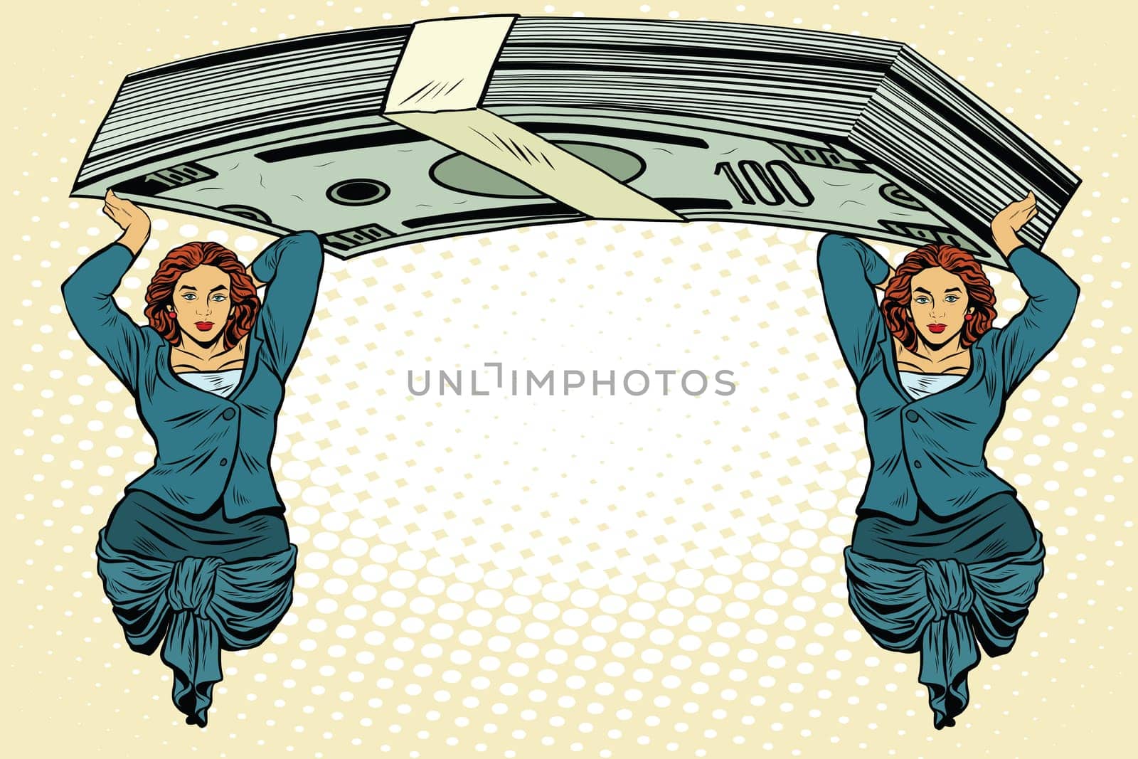 Female caryatids holding bundle of dollars pop art retro style. Ancient architecture in business topics.
