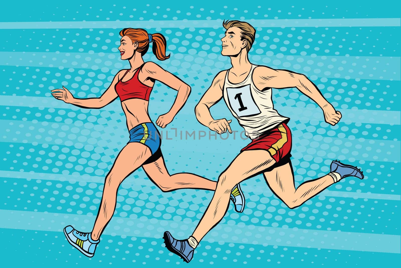 Man woman athletes running track and field summer games pop art retro style. A sporting event. Marathon or sprint.