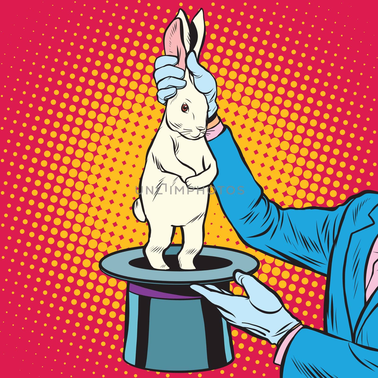 white rabbit in the magicians hands pop art retro style. Circus arts. Circus animals