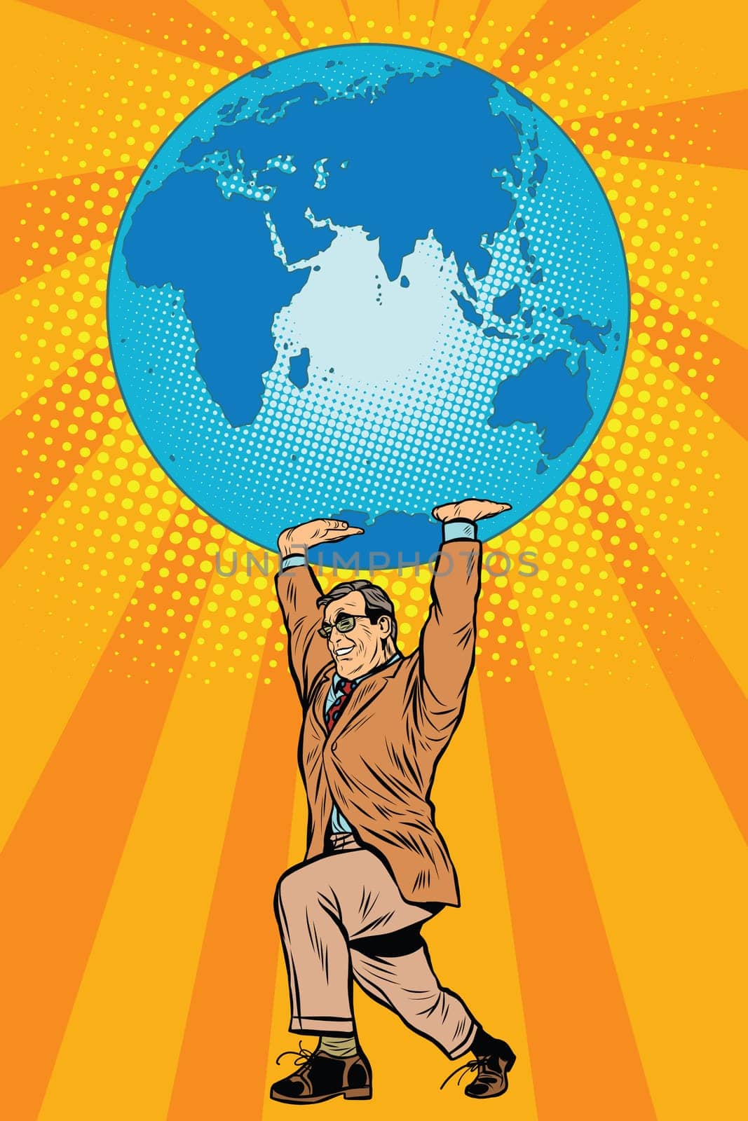 International business boss keeps planet Earth pop art retro style. The global economy. Male athlete