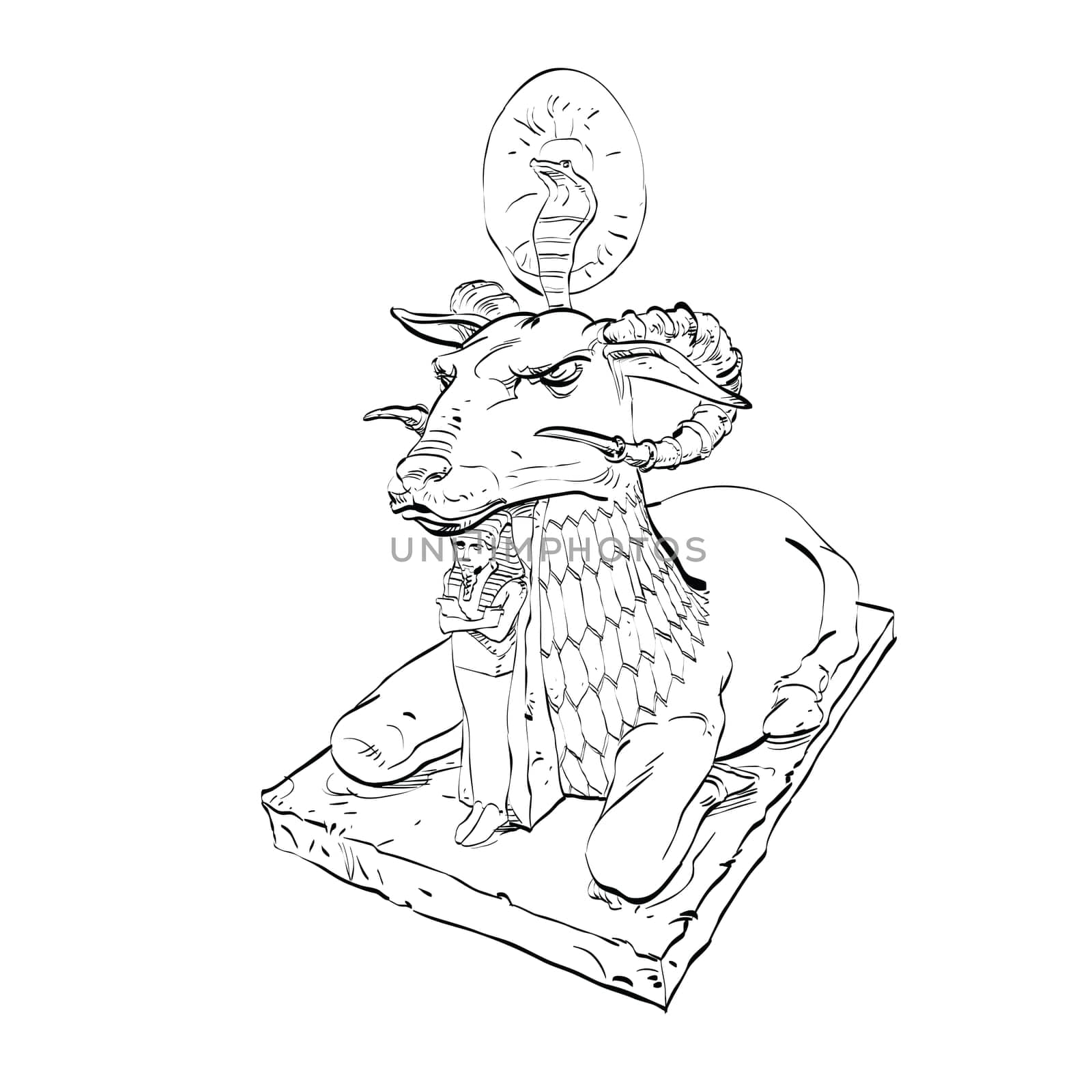 Golden sheep statue animal fairy. Black and white illustration. Fairy tale and adventure. Sheep with horns and a cobra