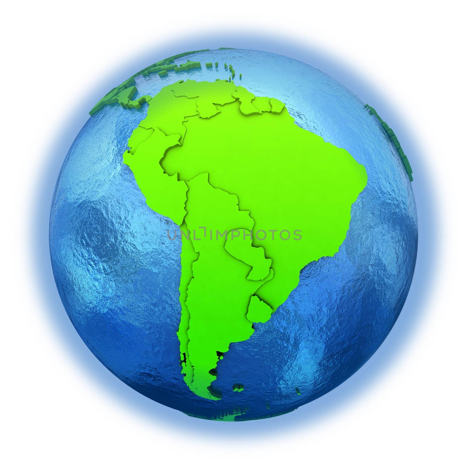 South America on elegant green 3D model of planet Earth with realistic watery blue ocean and green continents with visible country borders. 3D illustration isolated on white background.
