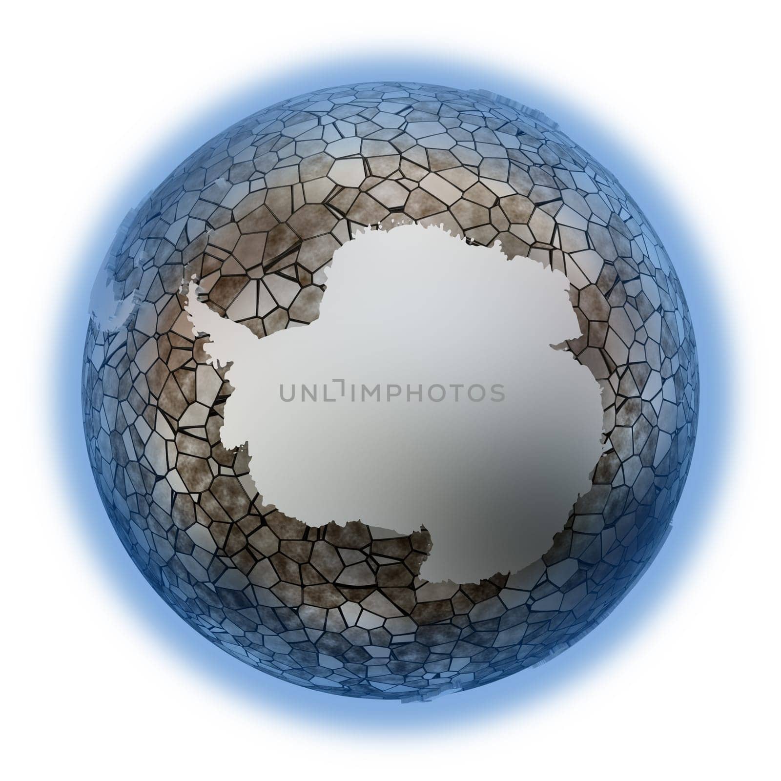 Antarctica on metallic model of planet Earth. Shiny steel continents with embossed countries and oceans made of steel plates. 3D illustration isolated on white background.