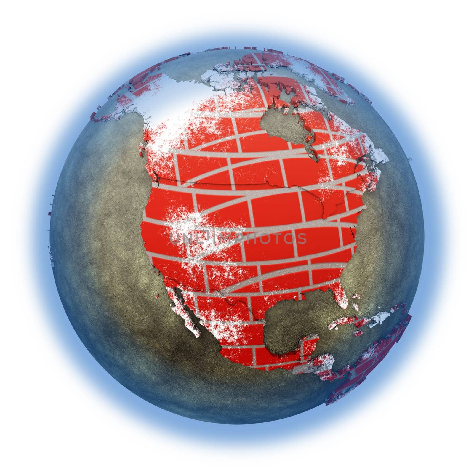 North America on brick wall model of planet Earth with continents made of red bricks and oceans of wet concrete. Concept of global construction. 3D illustration isolated on white background.