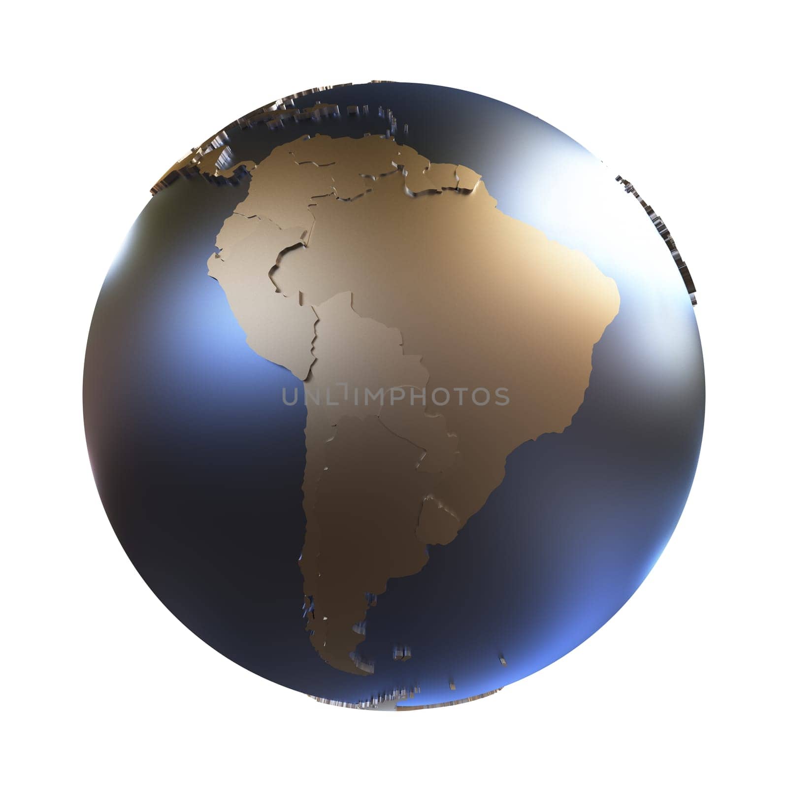 South America on elegant metallic model of planet Earth with blue ocean and shiny embossed continents with visible country borders. 3D illustration isolated on white background.
