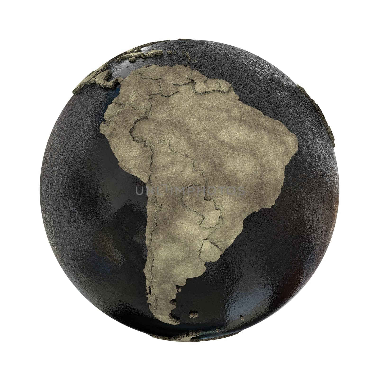 South America on 3D model of planet Earth with black oily oceans and concrete continents with embossed countries. Concept of petroleum industry or global enviromental disaster. 3D illustration isolated on white background.