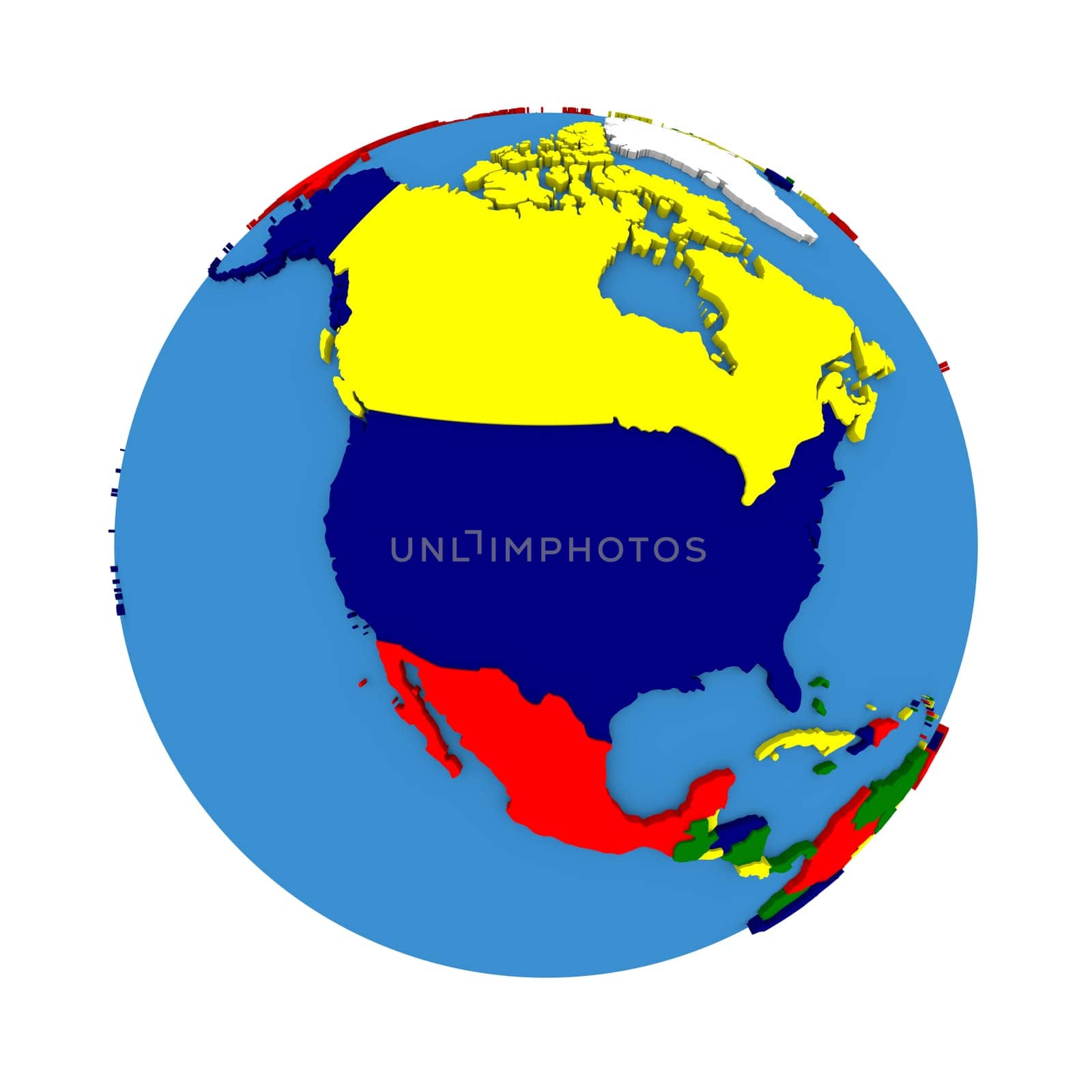 North America on political 3D model of Earth with embossed continents and countries in various colors. 3D illustration isolated on white background.