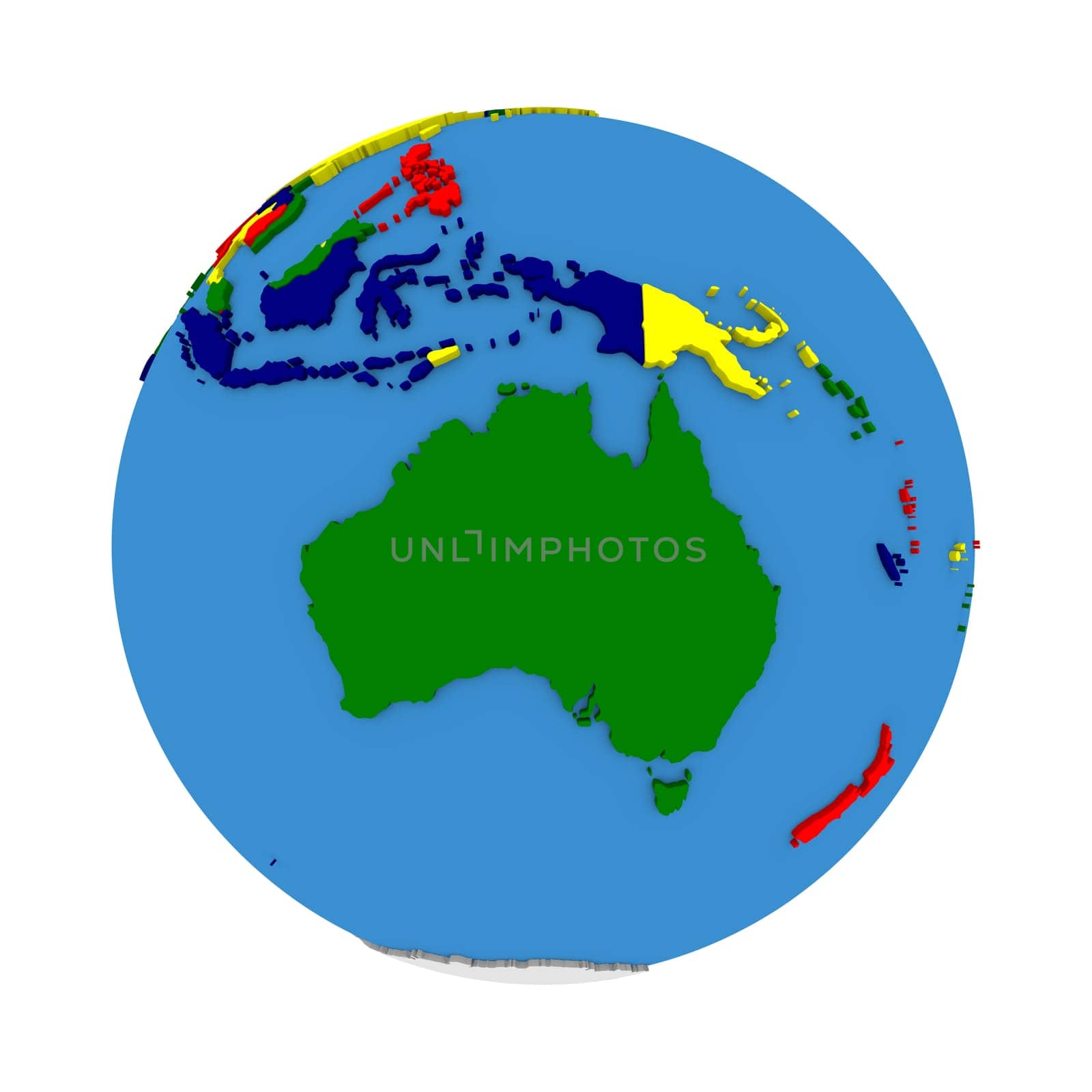 Australia on political 3D model of Earth with embossed continents and countries in various colors. 3D illustration isolated on white background.