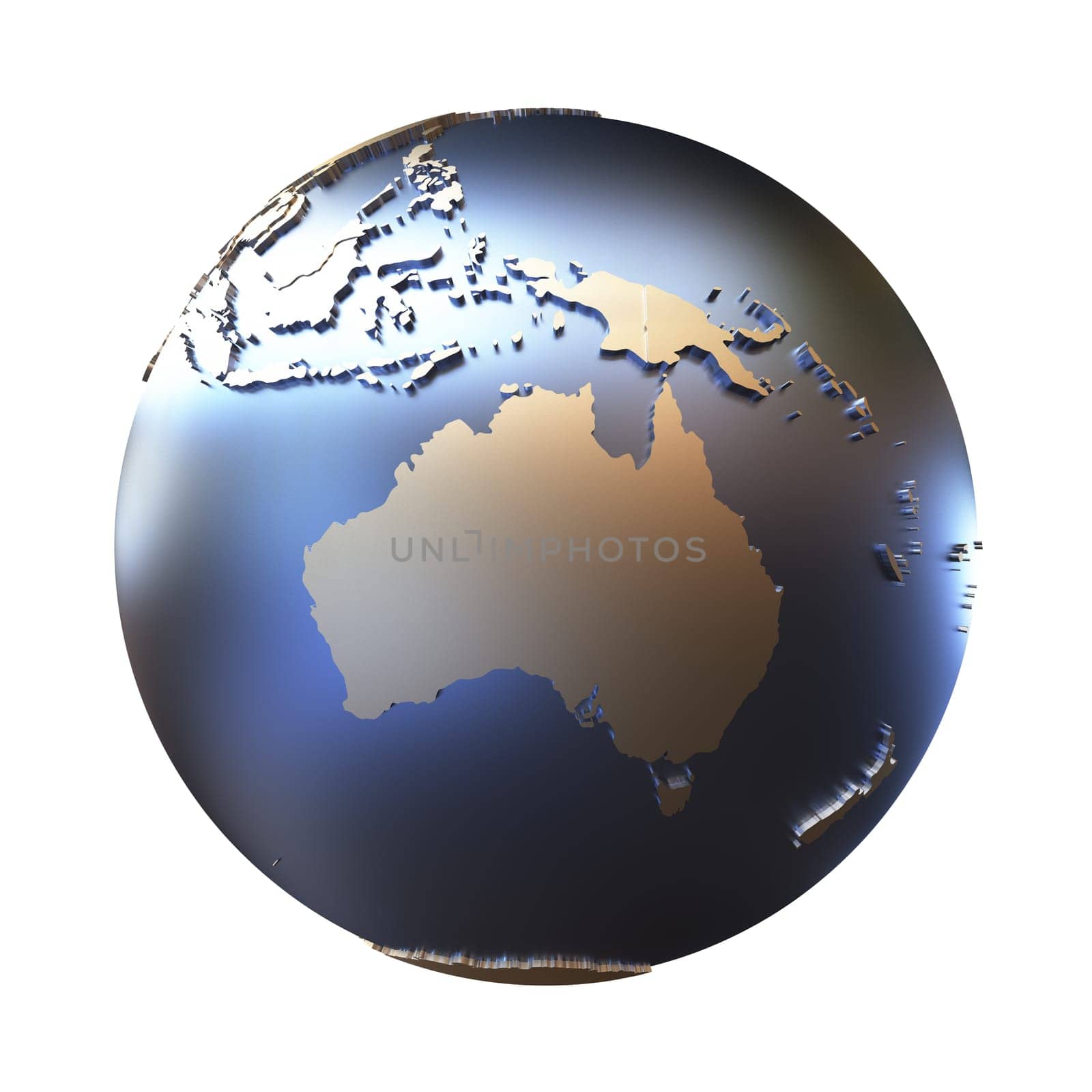 Australia on elegant metallic model of planet Earth with blue ocean and shiny embossed continents with visible country borders. 3D illustration isolated on white background.