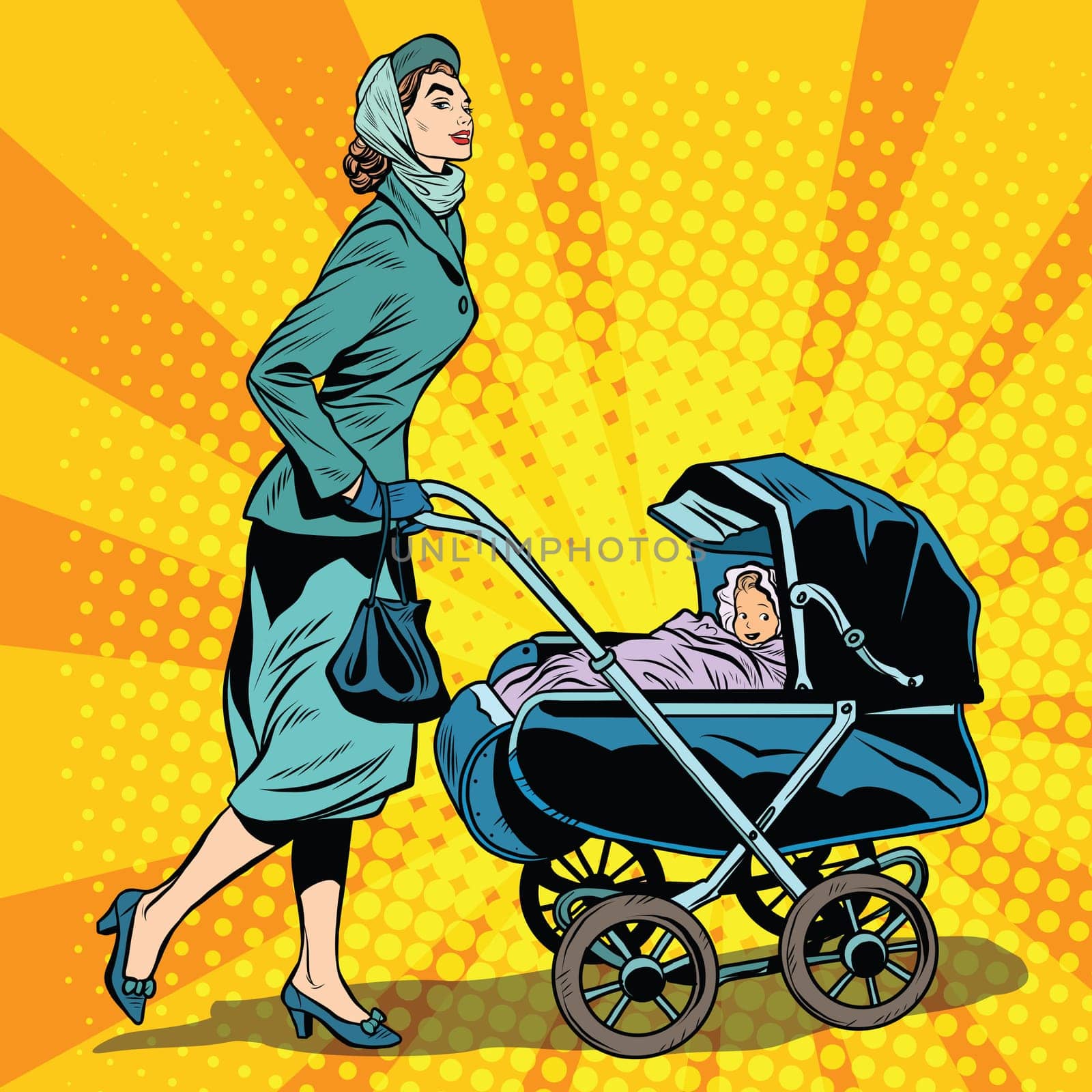 mom and stroller with baby pop art retro style. Mom walks with baby in the fresh air. Mom in the Park