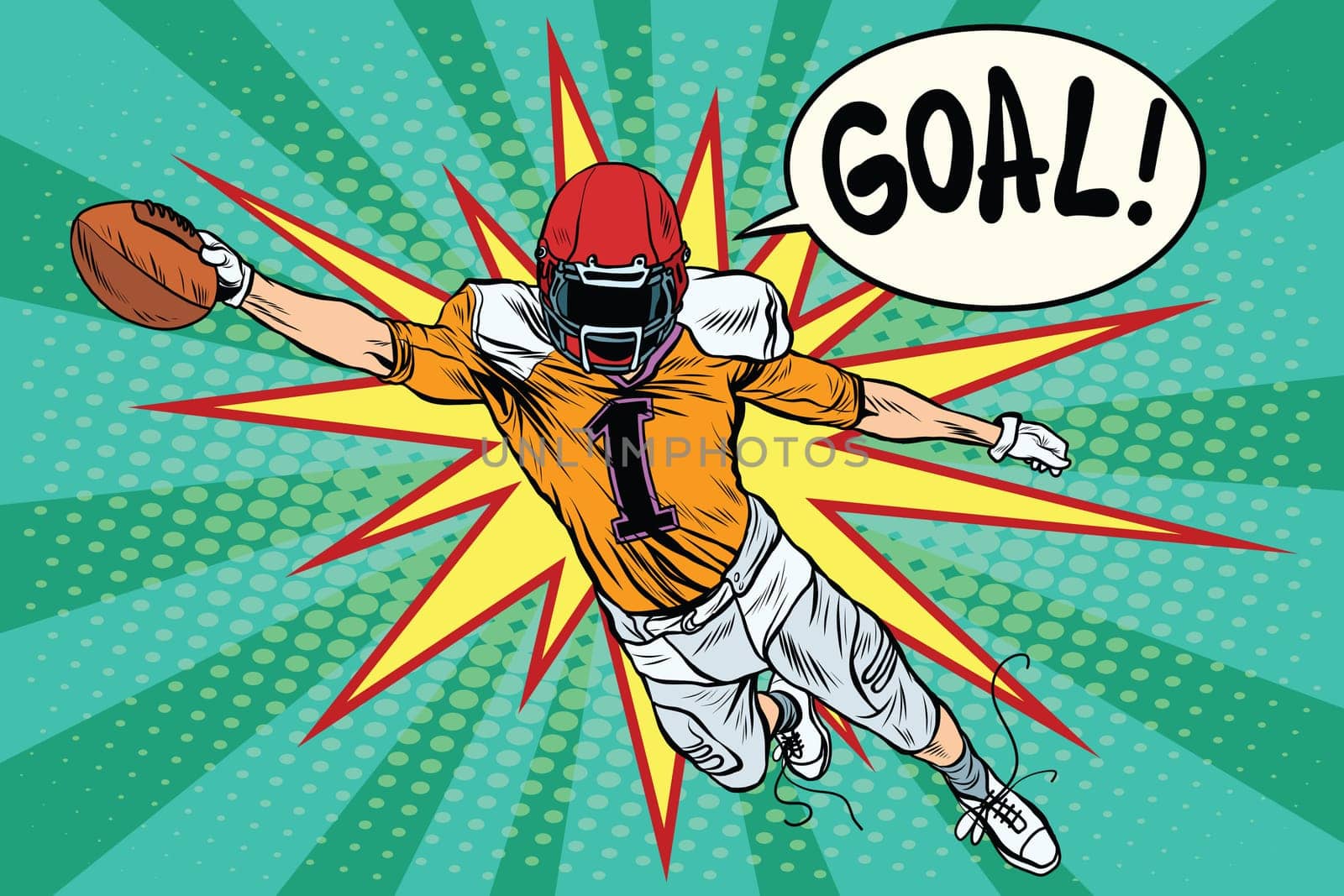 American football athlete ball goal pop art retro style. Retro sport. Sports game. The American football championship. Football Cup. League