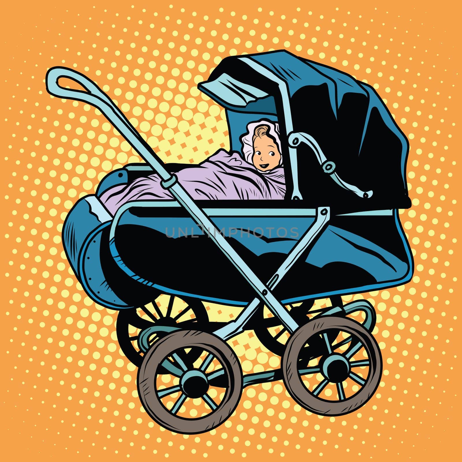 baby nursery retro stroller pop art retro style. transport for children. Childhood and motherhood
