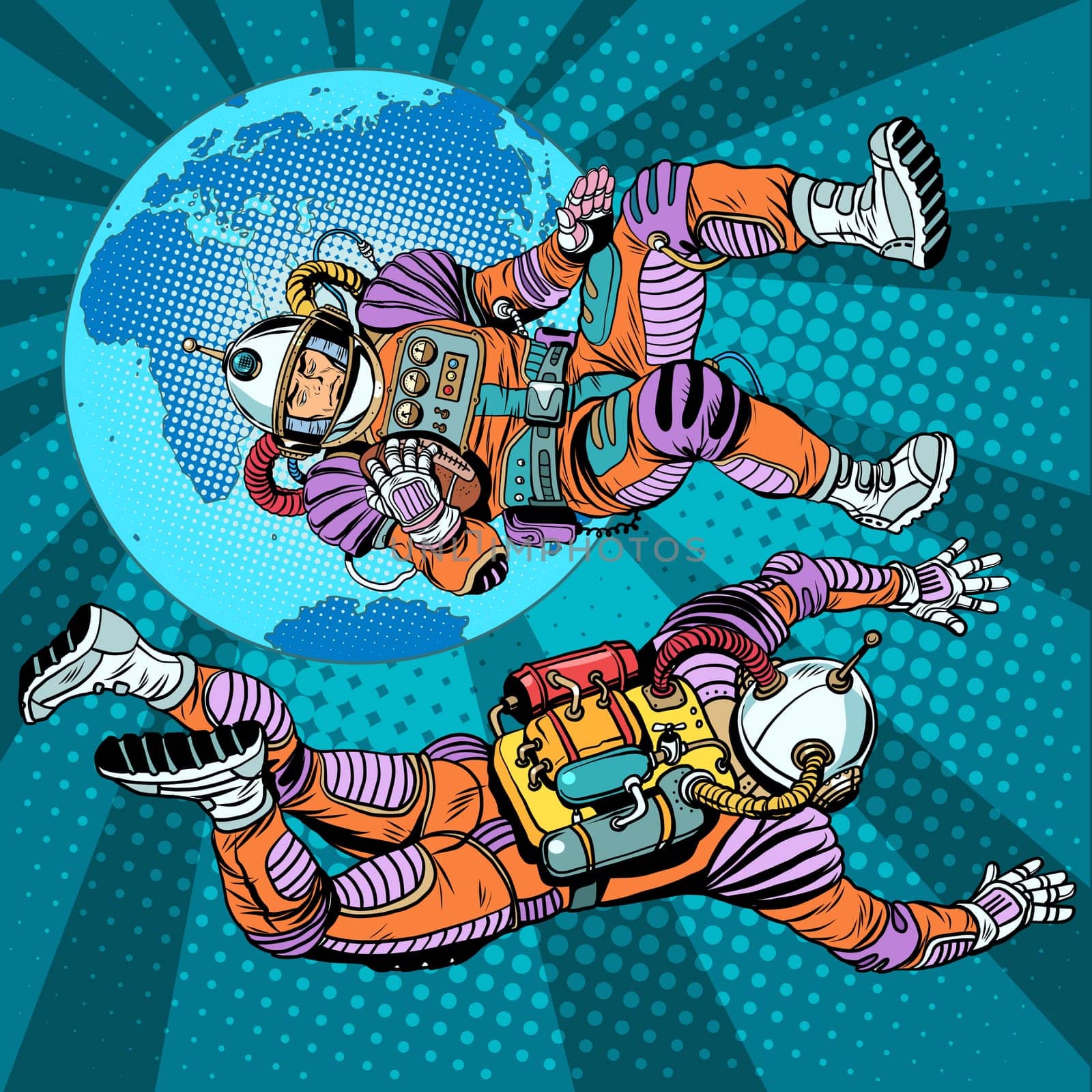 weightlessness astronauts in space over the earth pop art retro style. The study of space. Retro astronauts vector. Command of a spaceship