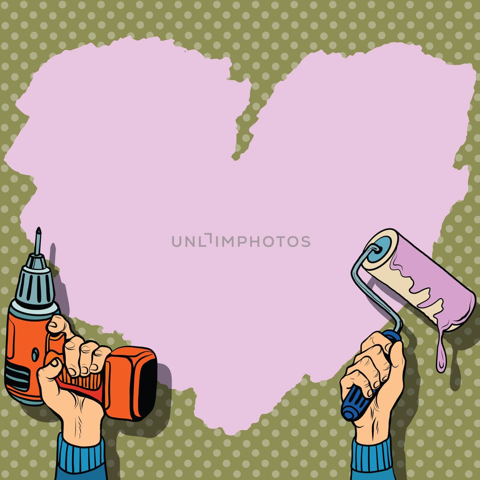 Love heart background paint wall repair pop art retro style. Valentin day. Day of the wedding. Invitation postcard. Love heart background