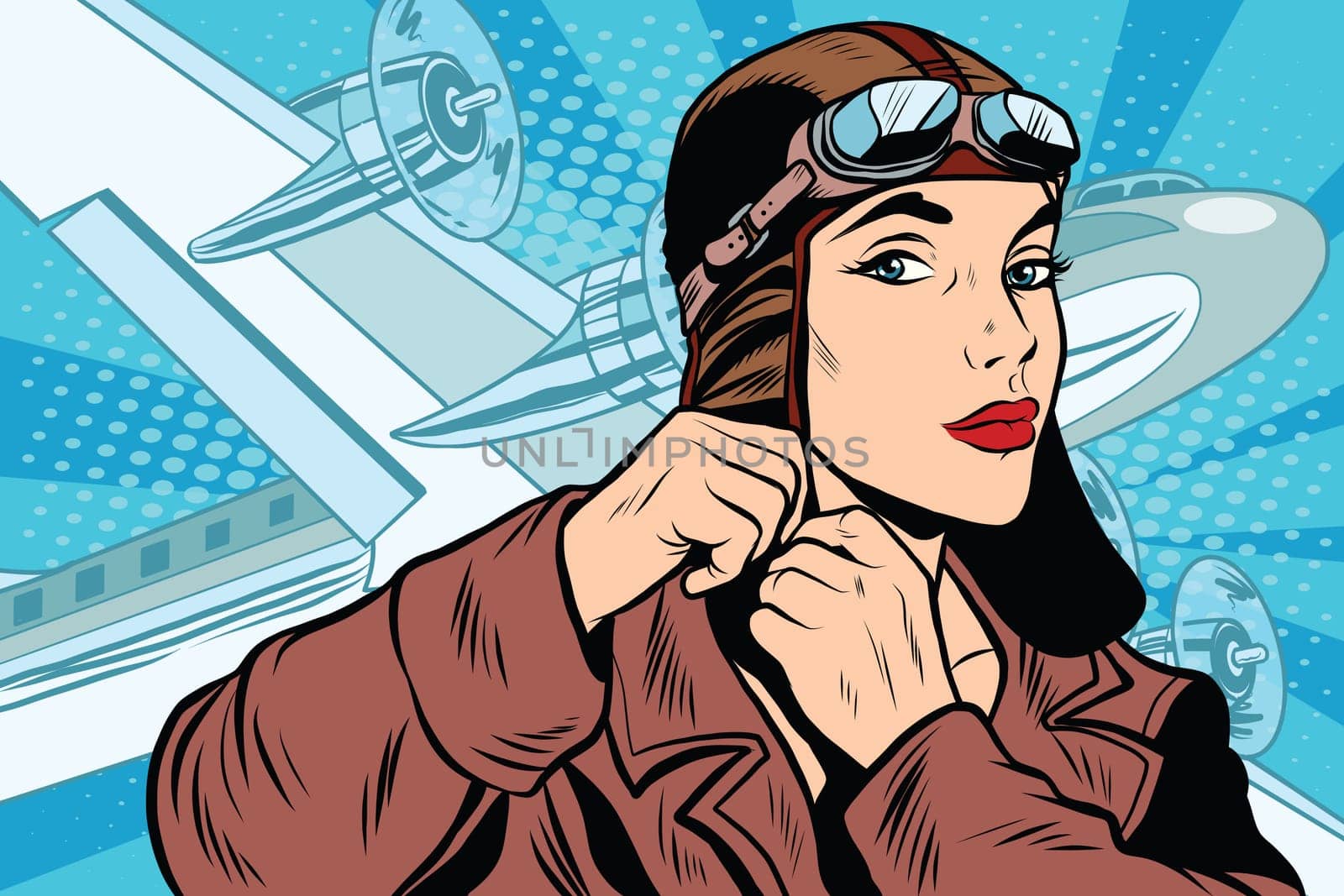 girl pilot prepares for departure pop art retro style. Travel and planes. Air transport