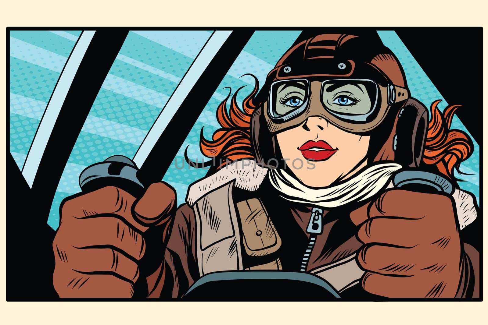 Girl retro pilot at the controls of the aircraft pop art retro style. The captain of the aircraft. Air transport