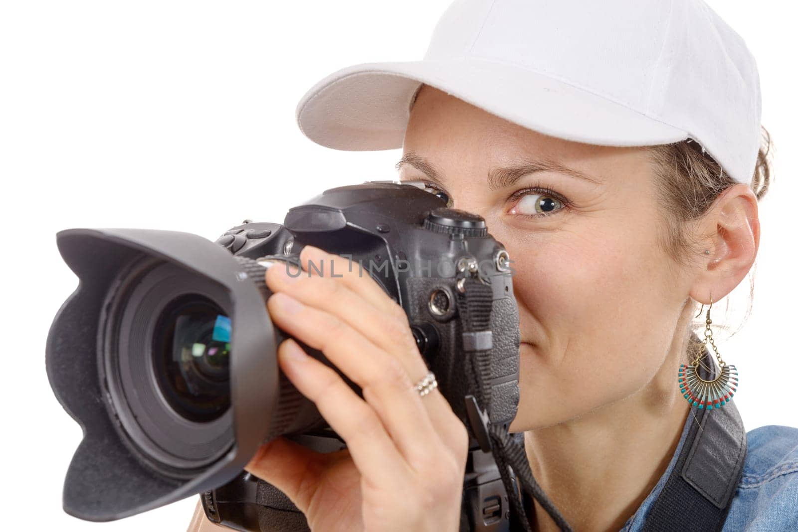 young woman with a camera on isolated on white background. youth lifestyle