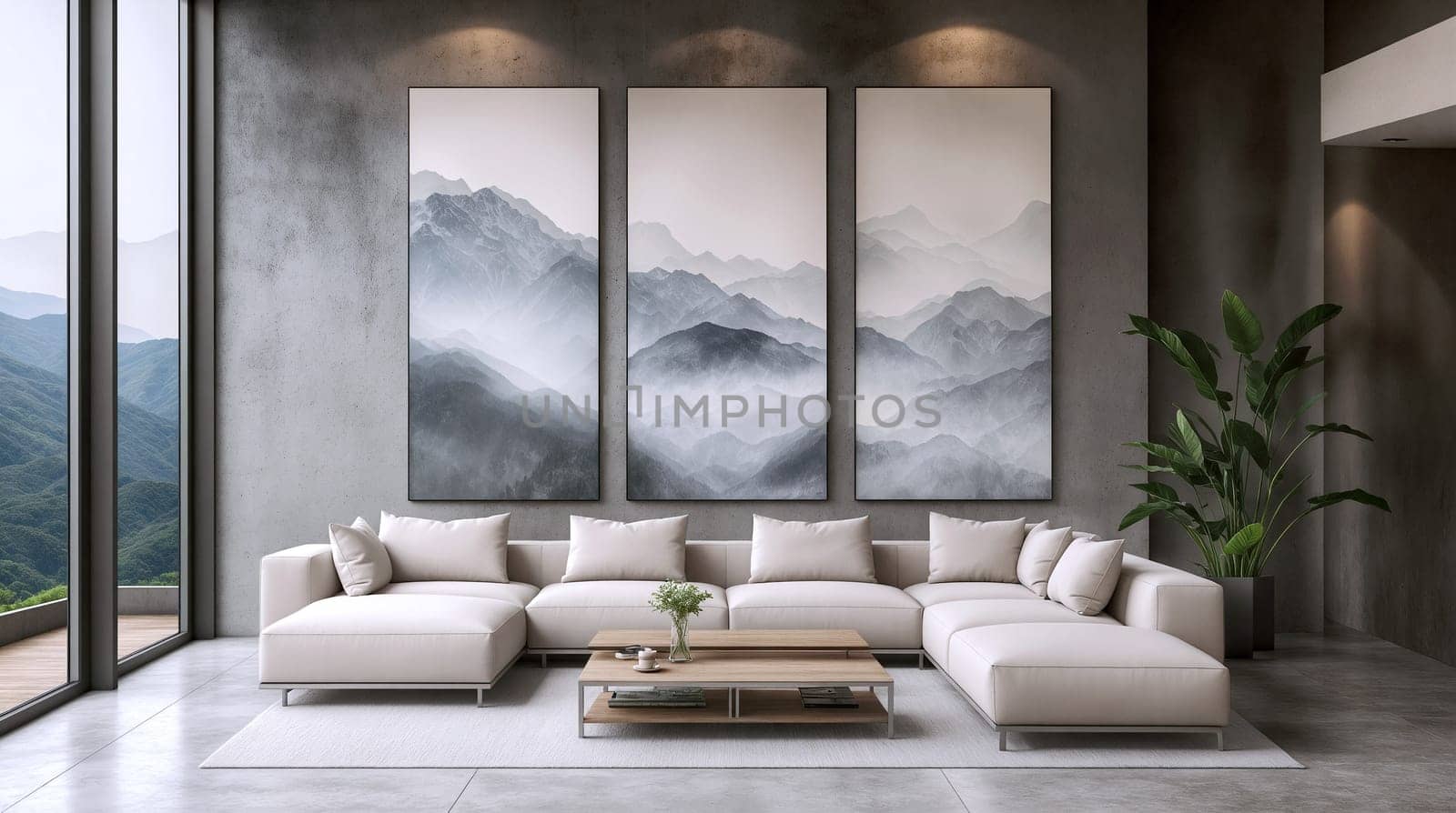 Spacious living area showcases a sectional sofa, coffee table, and large mountain landscape artwork. The room features natural light and a serene atmosphere - Generative AI