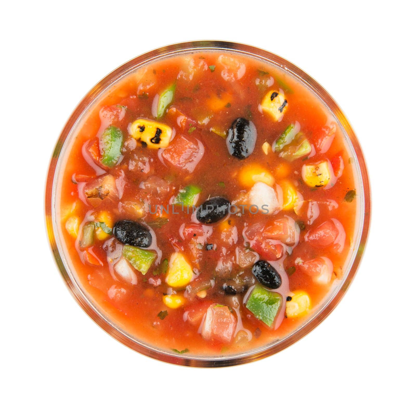 Bowl of grilled corn and black bean salsa isolated on white and viewed from above.