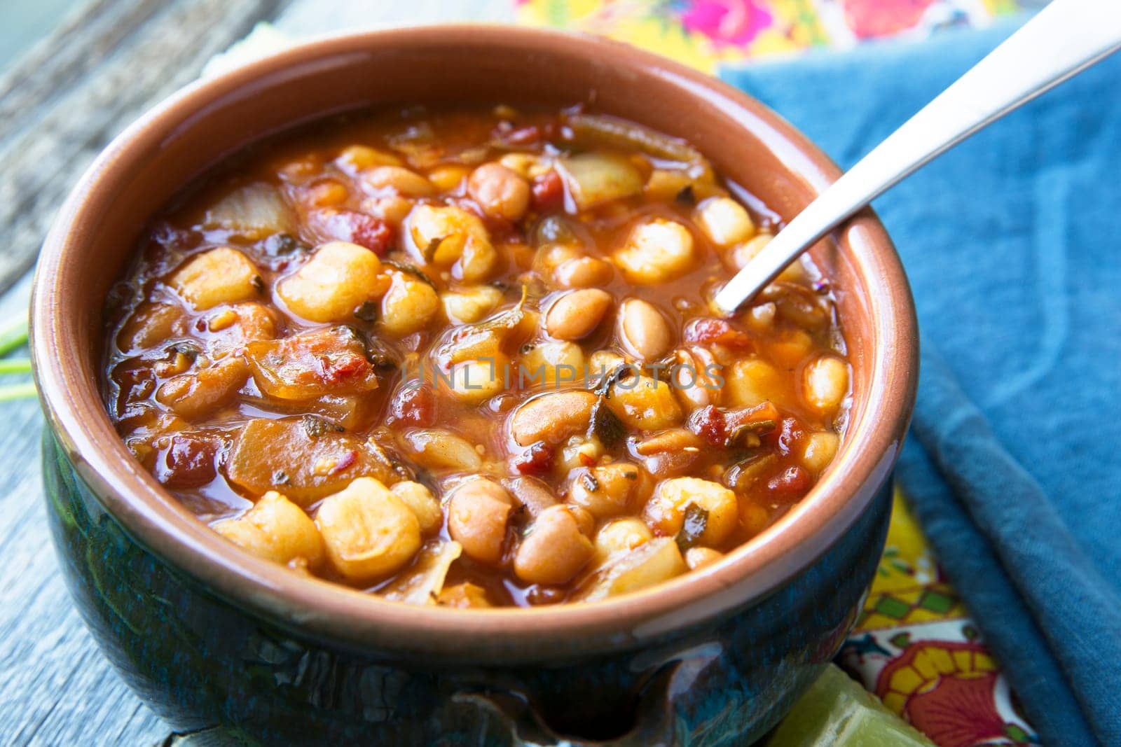 Vegan style mexican posole with hominy and pento beans.