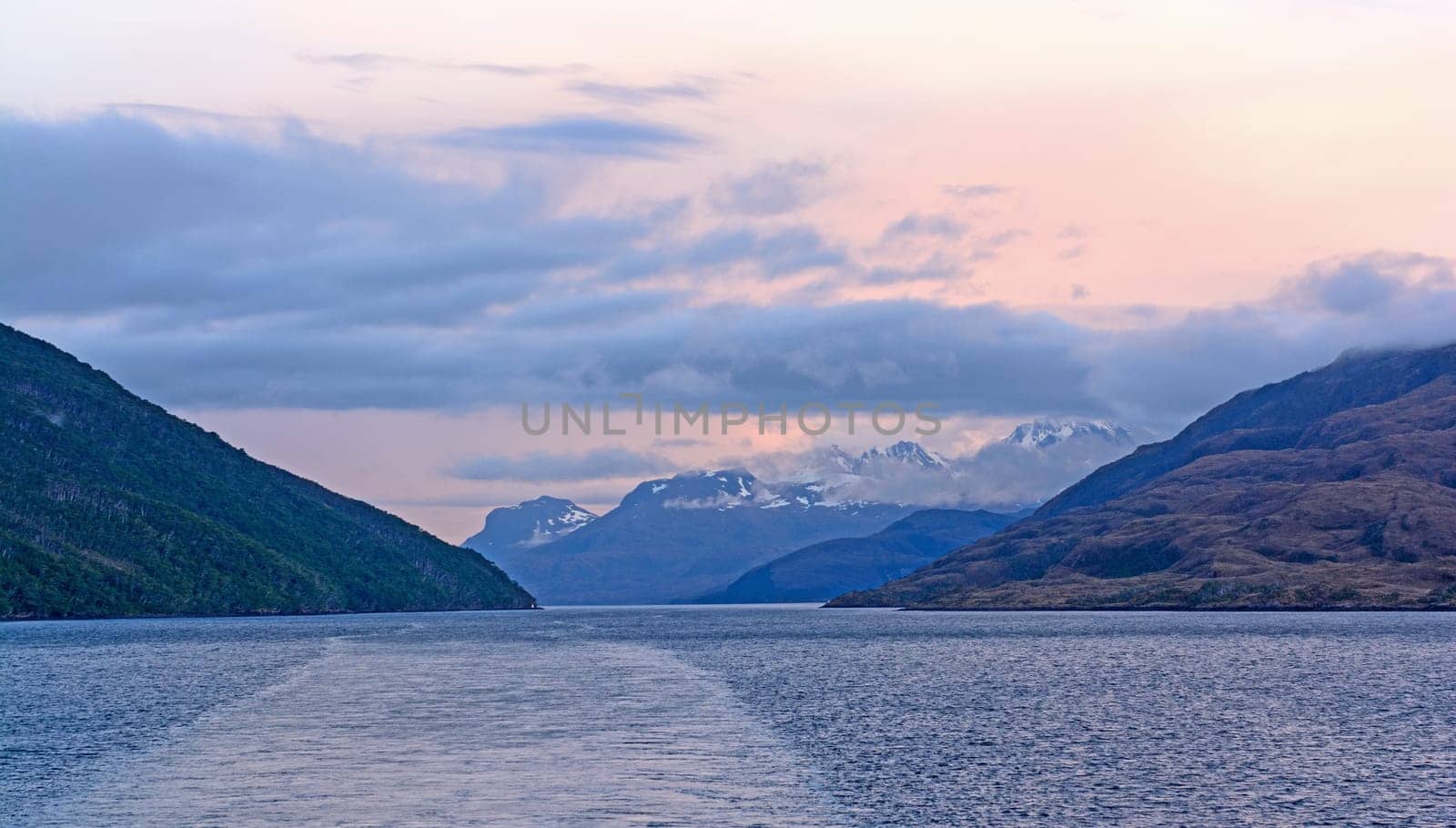 Evening Passage Through an Ocean Fjord in Tierra del Fuego