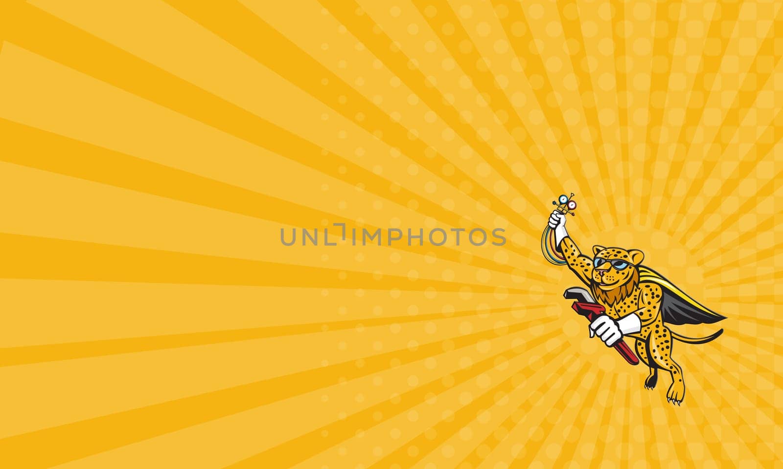 Business card showing illustration of a caped superhero leopard cat refrigeration and air conditioning mechanic holding a pressure temperature gauge and a wrench flying on isolated white background done in cartoon style.