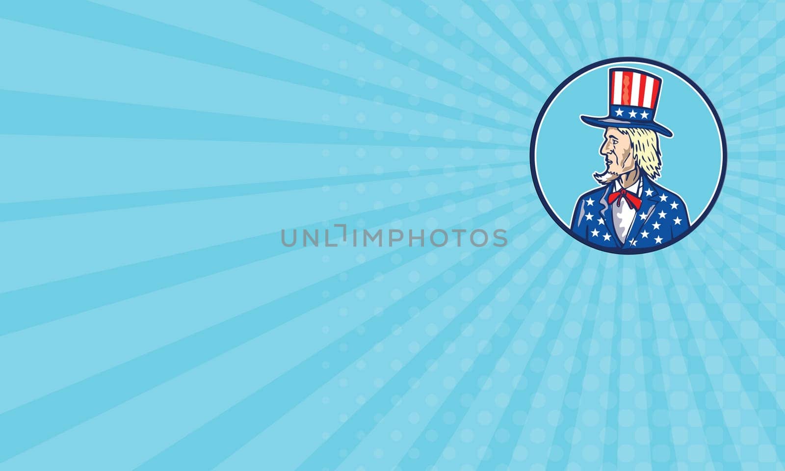 Business card showing illustration of Uncle Sam wearing hat with stars and stripes American flag viewed from side set inside circle on isolated background done in cartoon style.