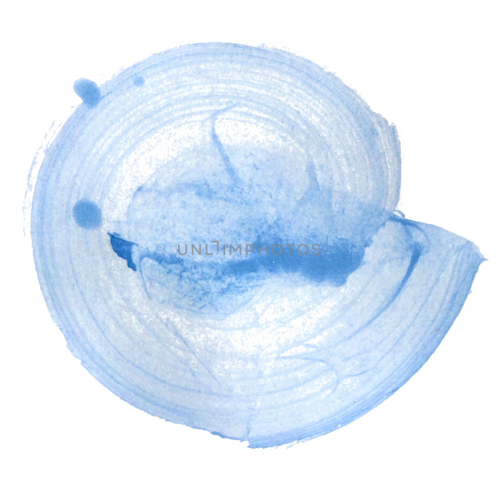 Blue watercolor stains made with spiral brush paint in vector.