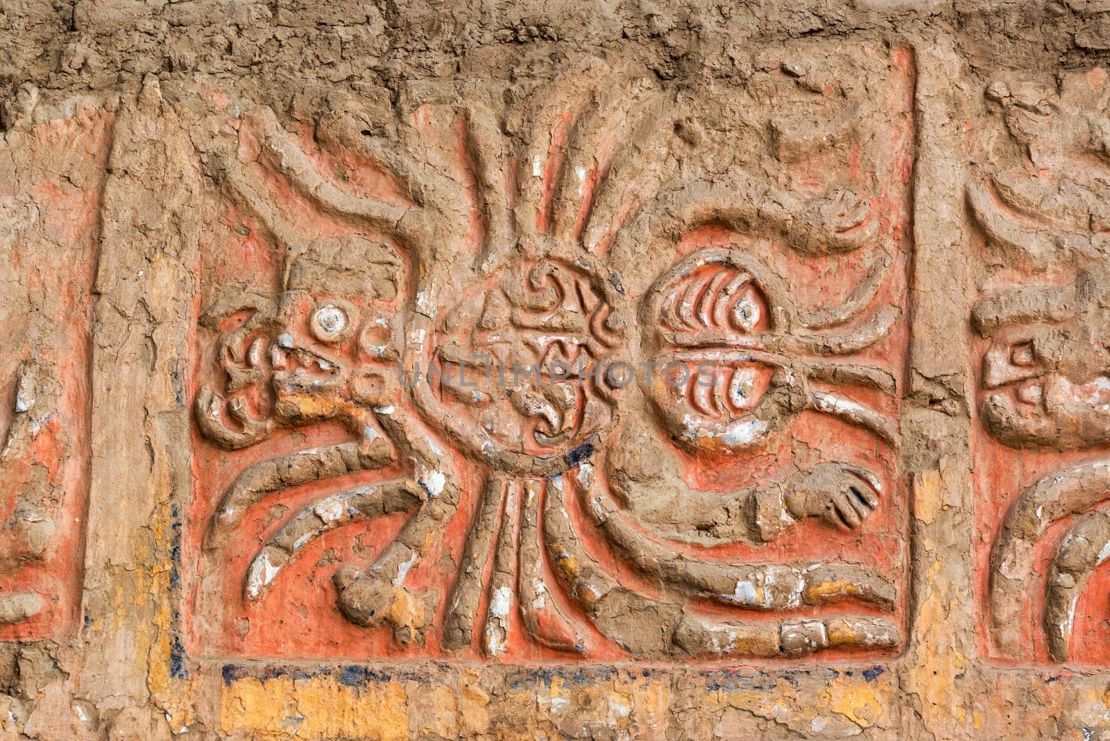 Closeup of a an ancient mural of a spider in the Huaca de la Luna in Trujillo, Peru