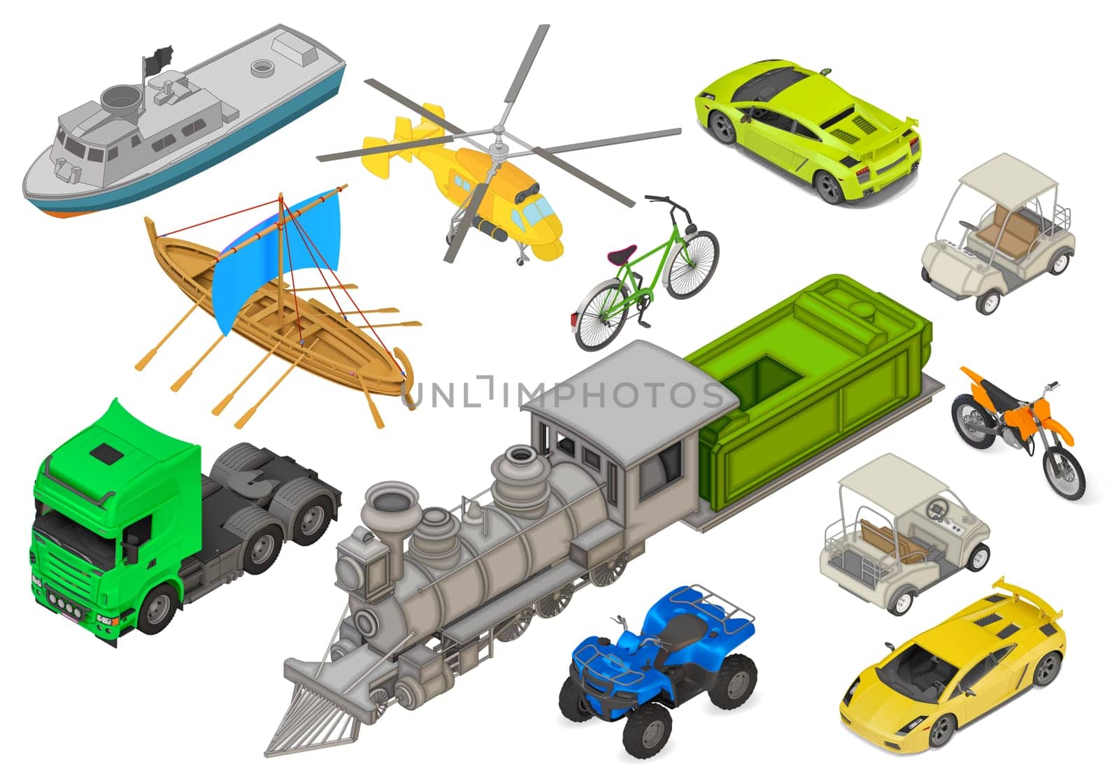 Vehicles set of isometric flat vector 3d illustrations - modern coupe car, yacht, fishing boat, sailboat, yellow helicopter, retro locomotive, bicycle, cargo truck, quad ATV bike. Transport types kit.