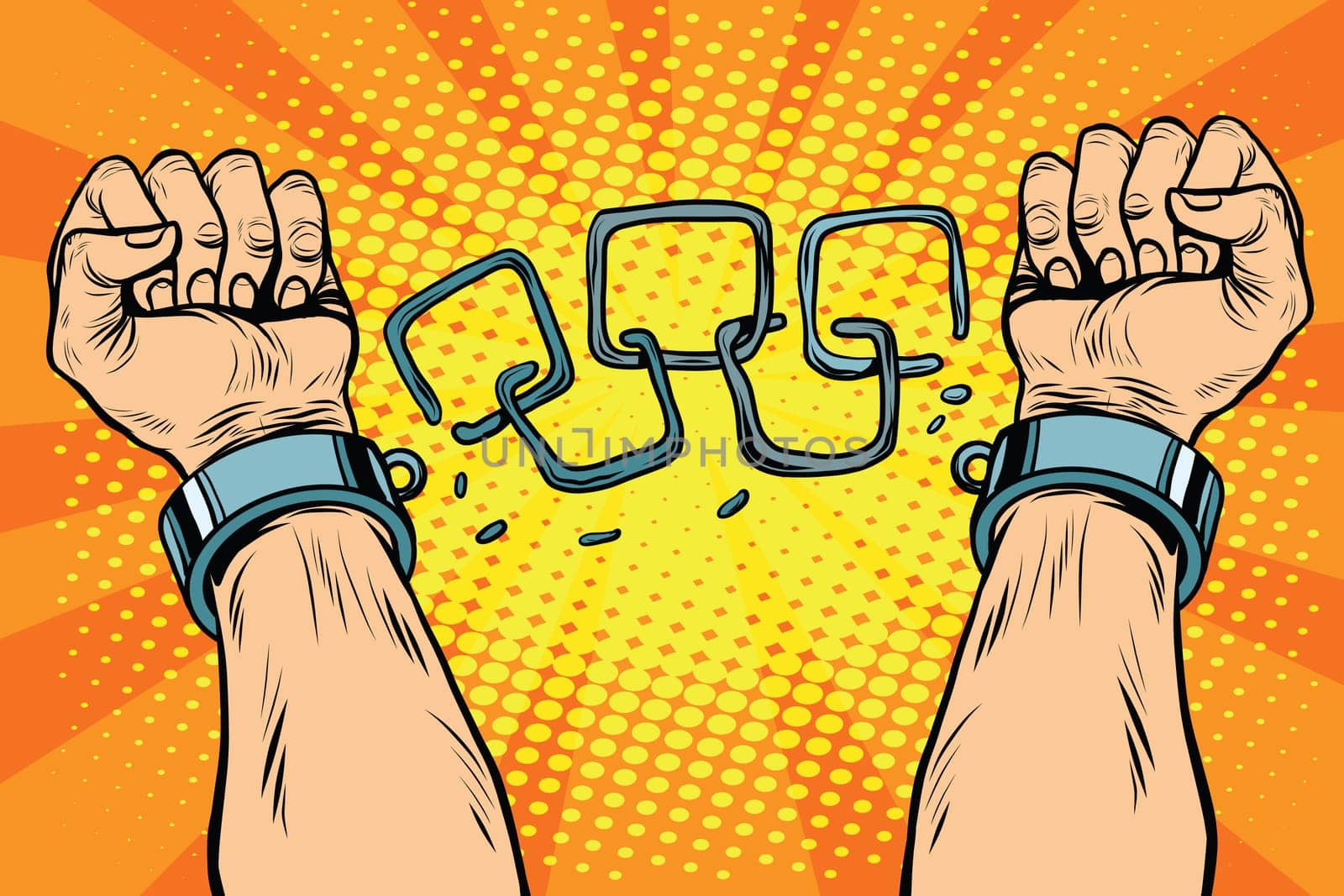 Freedom arms breaking the chains of slavery pop art retro style. Human rights. The struggle for freedom. Prisoner breaks the chain