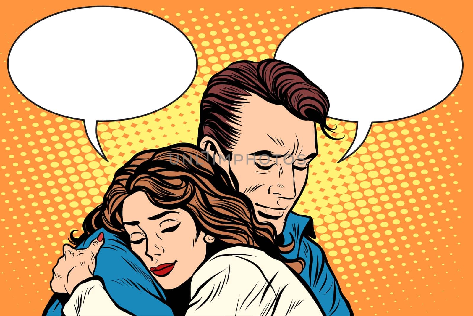 couple man and woman love hug pop art retro style. Retro people vector illustration. Feelings emotions romance