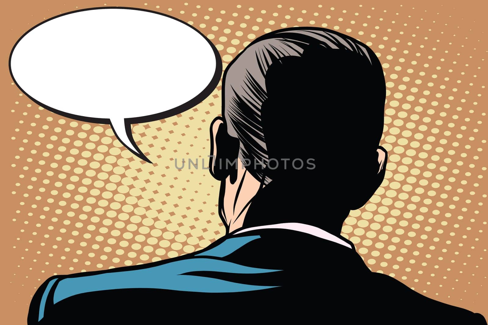 Male back comic bubble conversation communication pop art retro style. Retro male. Male back view. Stand back