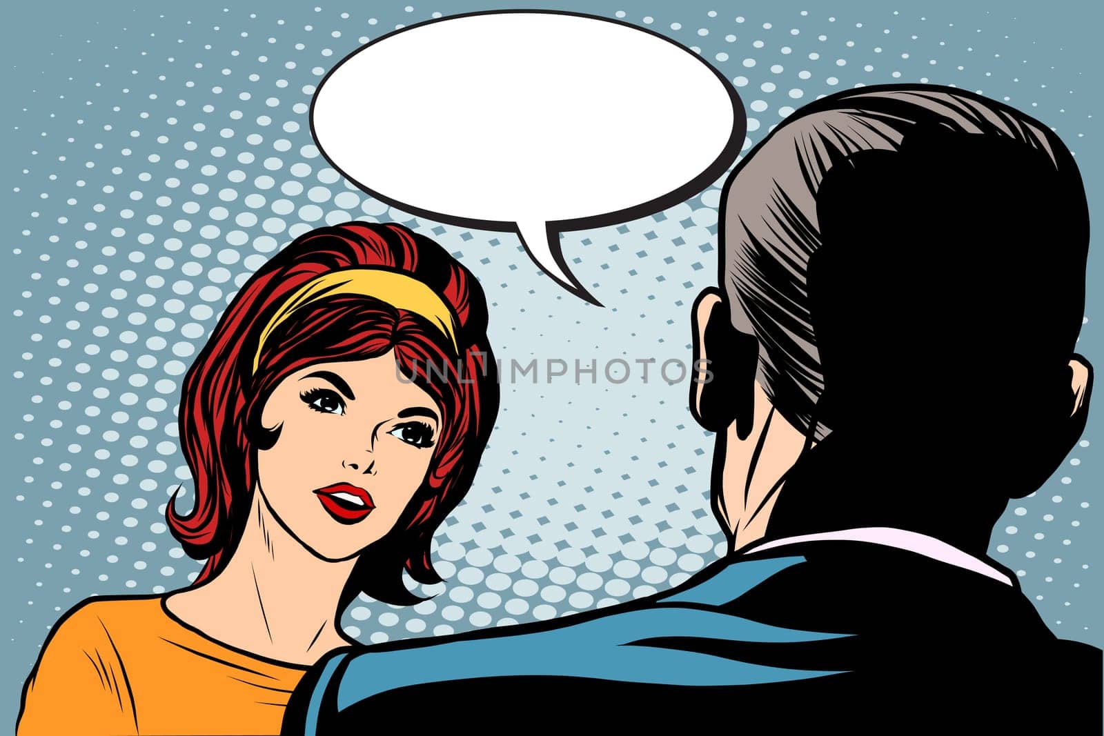 Girl and male dialogue pop art retro style. Man and woman talking retro vector
