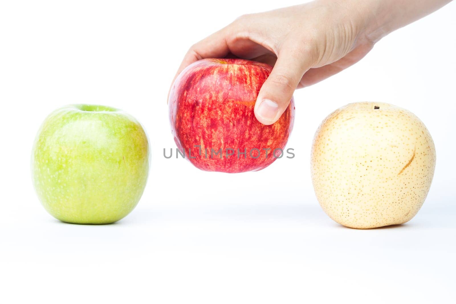 Three different kind of apples on white background, stock photo