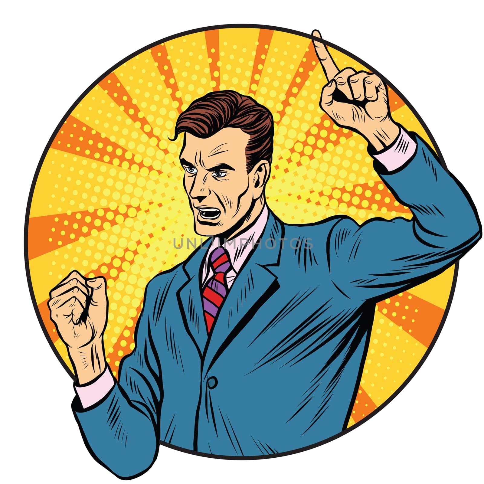 Male speaker politician businessman pop art retro style. Political candidate. Business statement. Motivation and training. Business coach