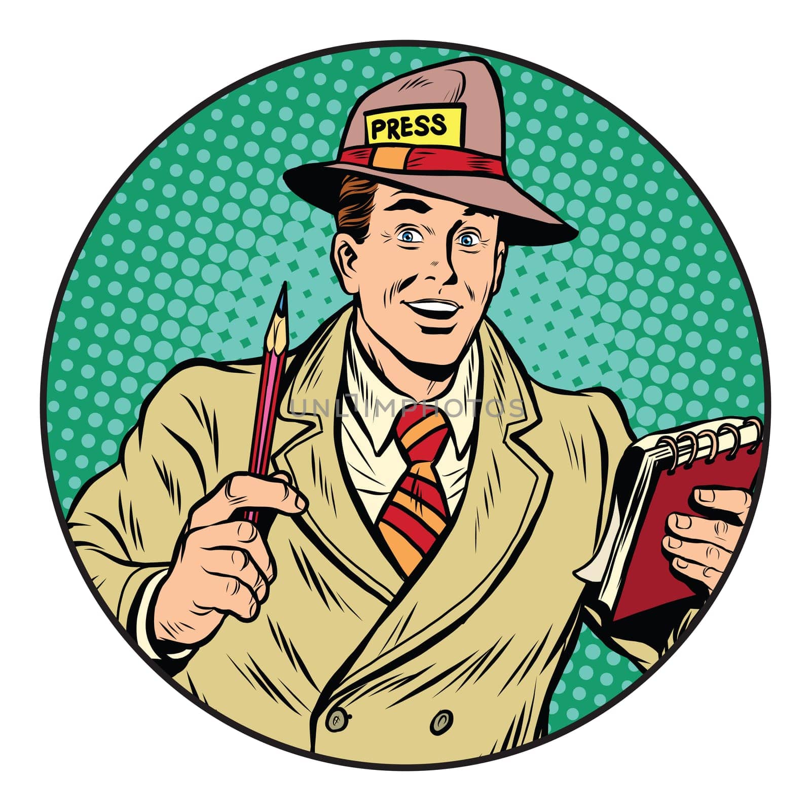 Positive retro journalist interviews press media report pop art retro style. A media industry. Policy and news