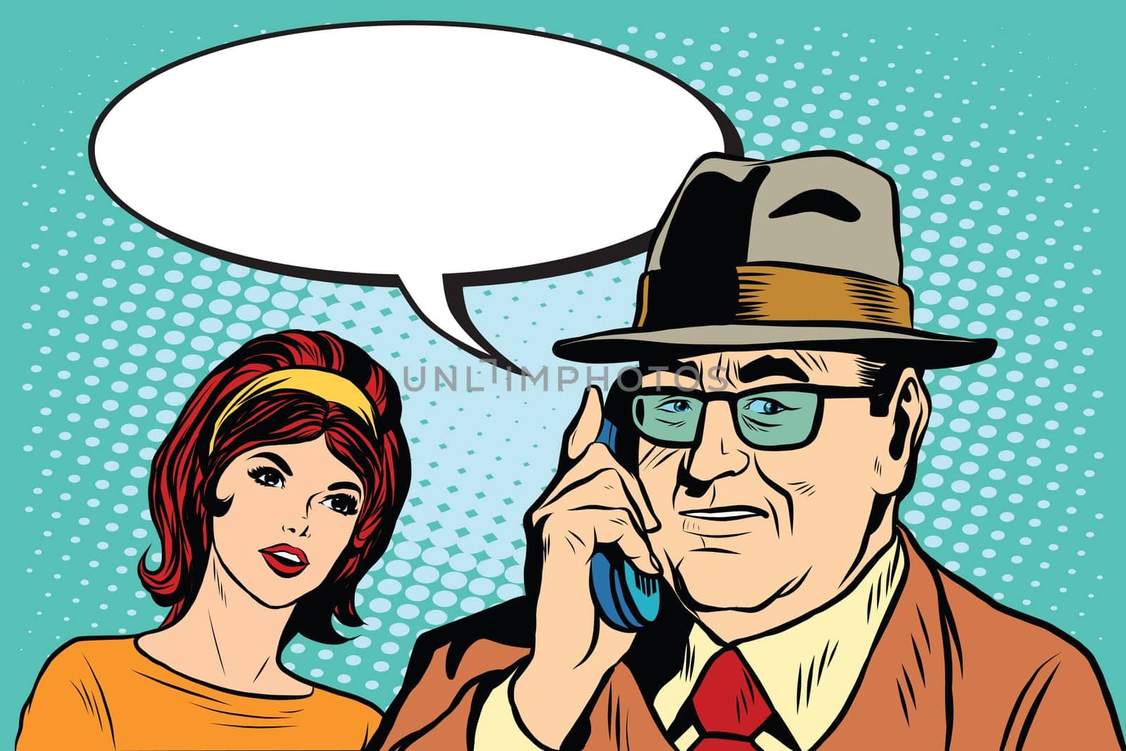 woman and man talking on the phone pop art retro style. Boss and Secretary