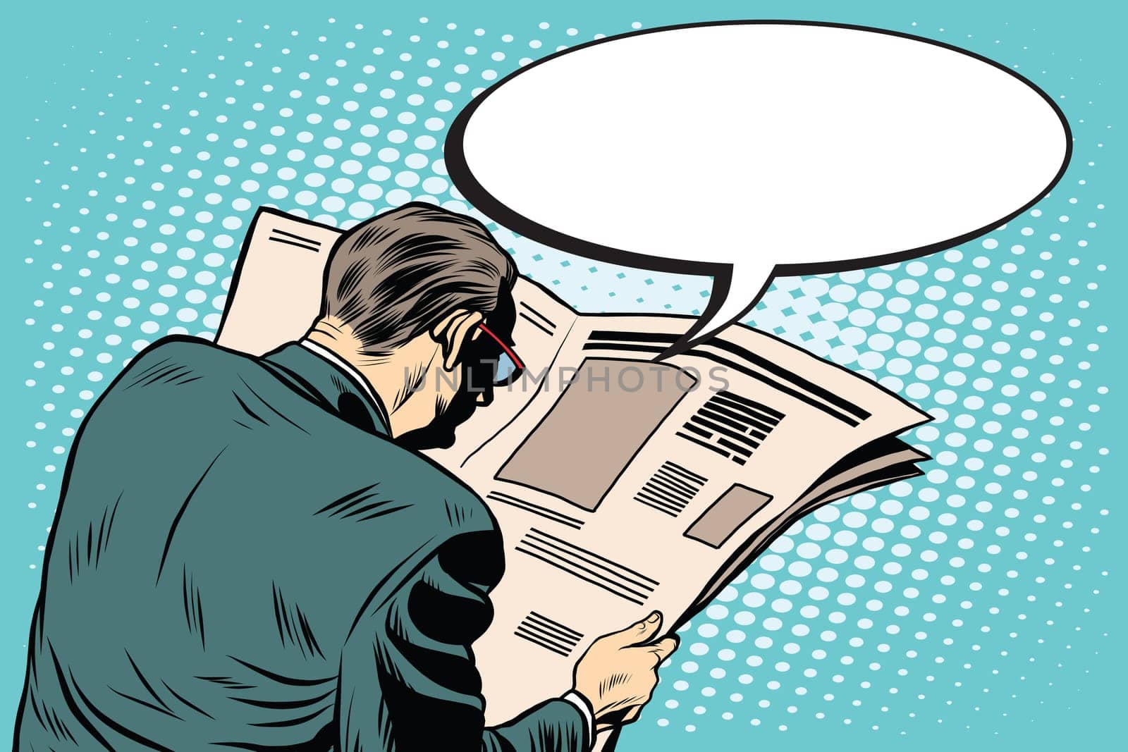 Businessman reading a newspaper pop art retro style. Financial and political news. Man the subscriber presses