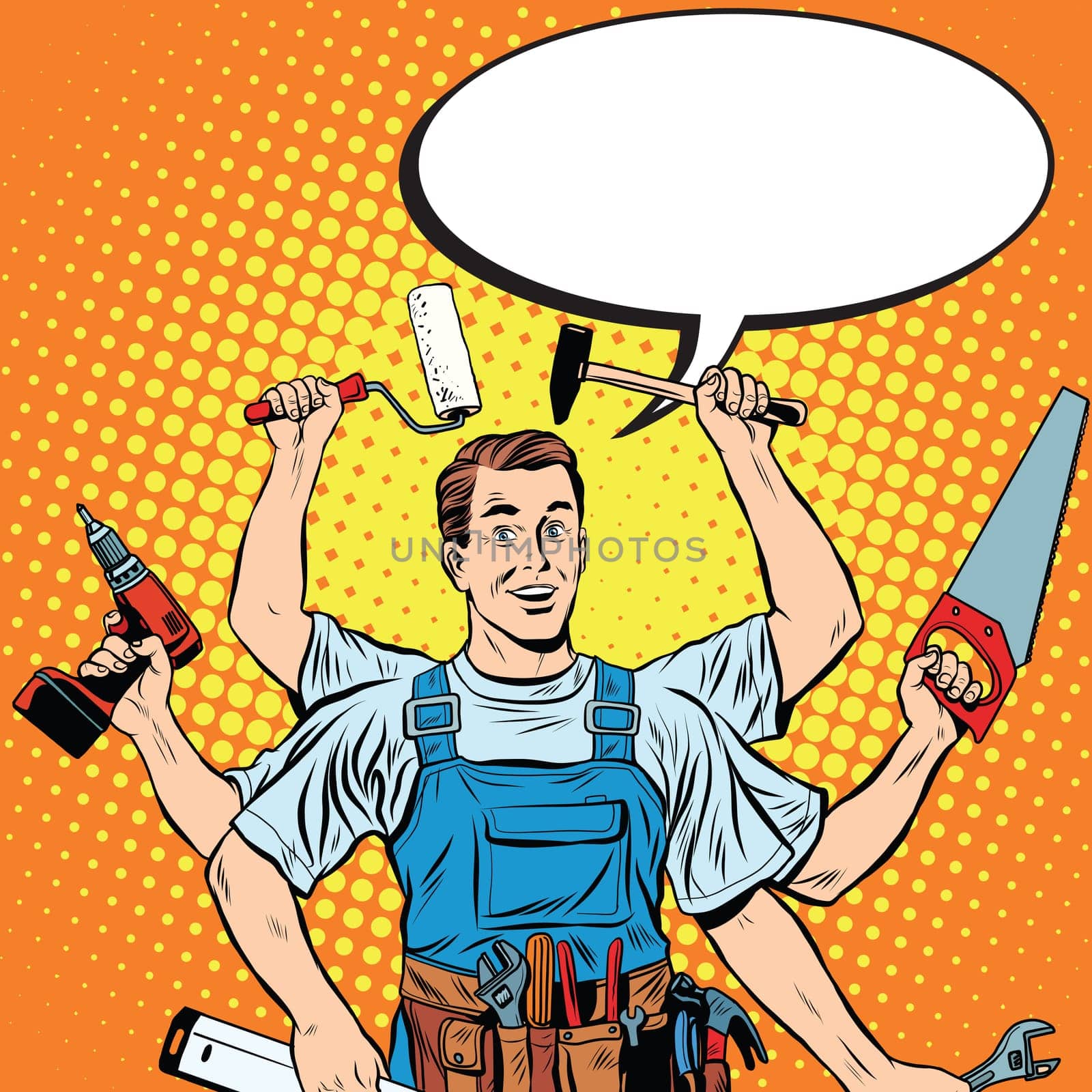 multi-armed master repair professional pop art retro style. Industry repair and construction. Man with tools in his hands.