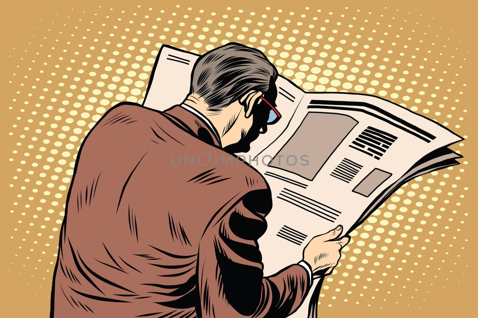 Businessman reading a newspaper pop art retro style. Financial and political news. Man the subscriber presses