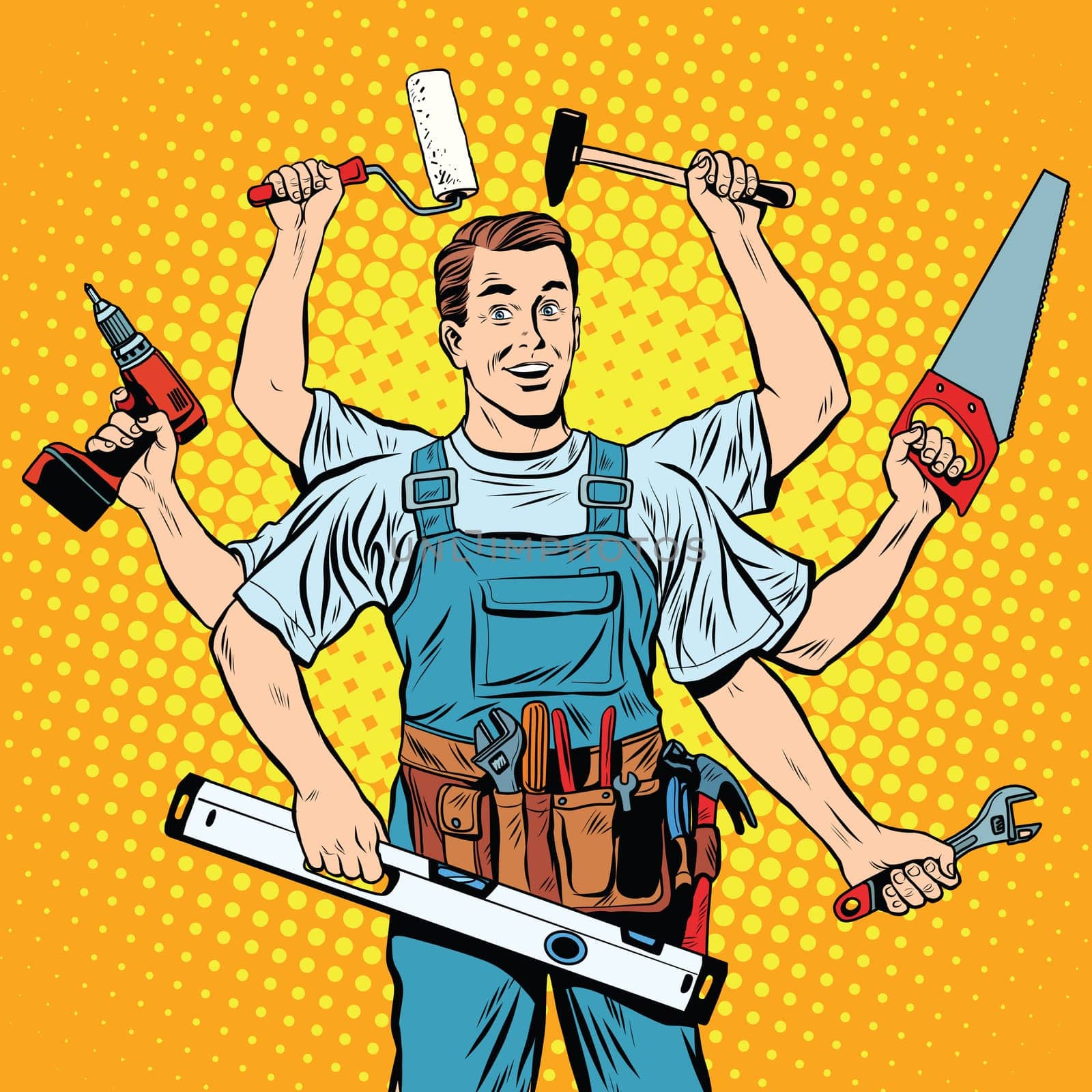 multi-armed master repair professional pop art retro style. Industry repair and construction. Man with tools in his hands.