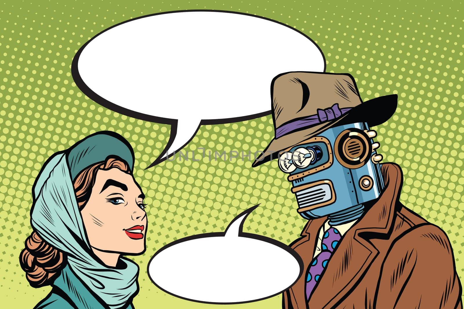 Couple man robot and beautiful woman pop art retro style. Science fiction. Artificial intelligence. The family in the future