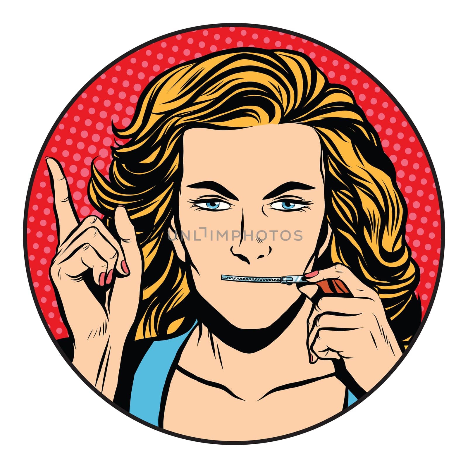 silence girl mouth over zipper closure pop art retro style. The secret of the company. State secret. Silence and mystery
