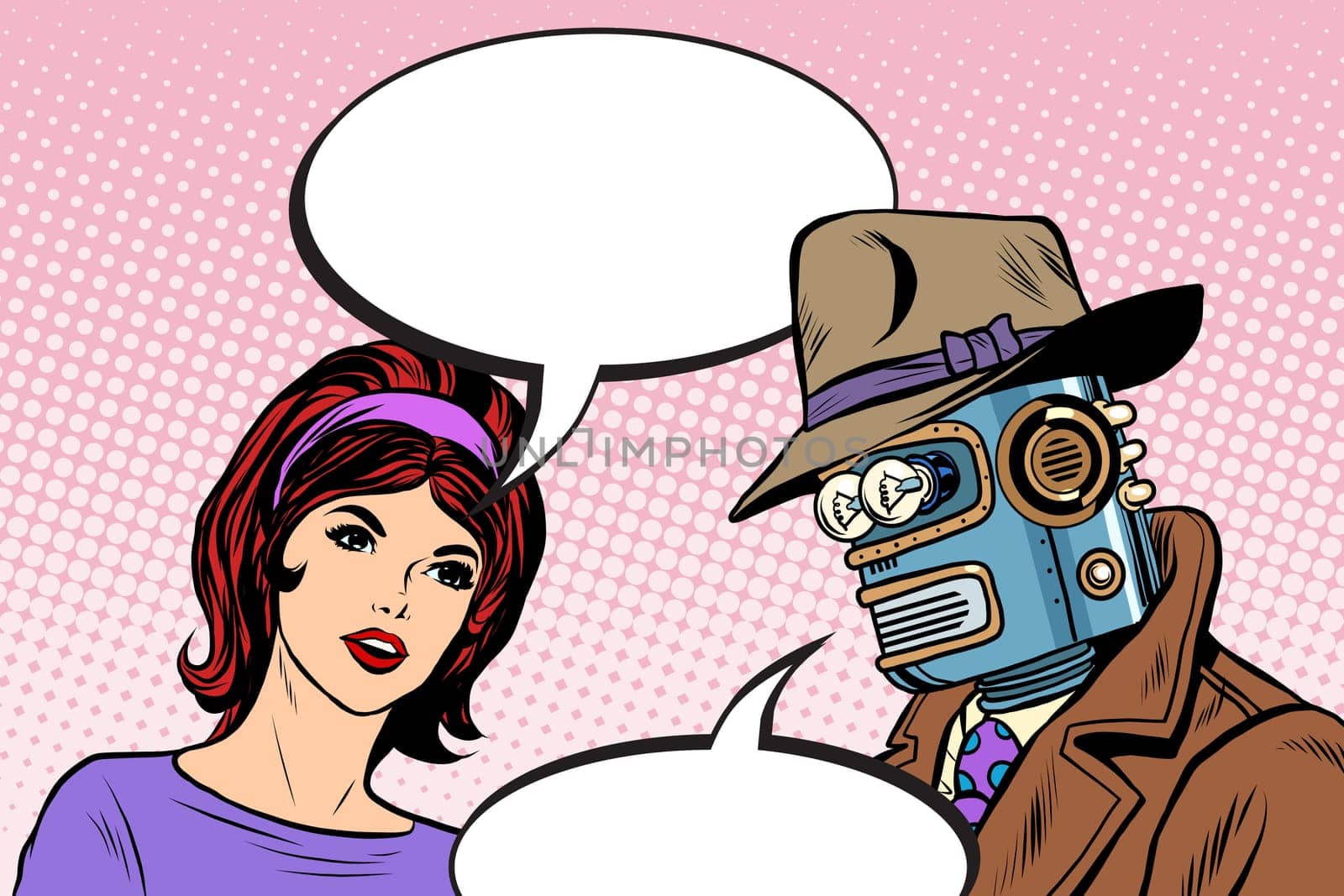 Couple man robot and beautiful woman pop art retro style. Science fiction. Artificial intelligence. The family in the future