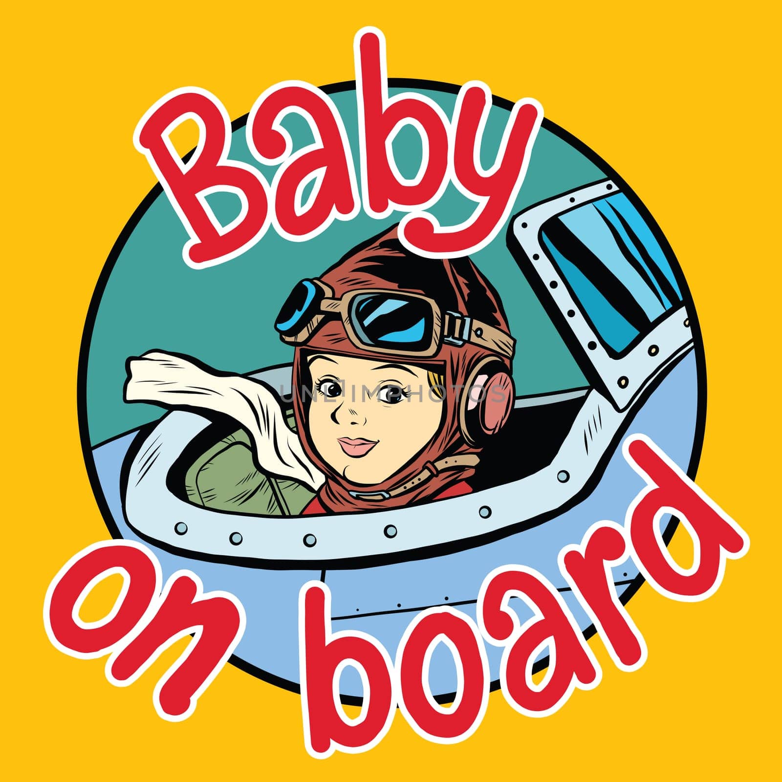 Baby on Board pilot pop art retro style. Children and planes. Child passenger