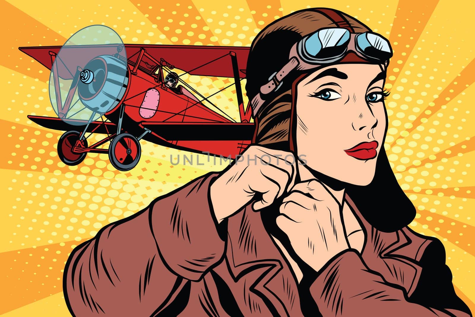 Girl retro military pilot pop art retro style. The army and air force. A woman in the army