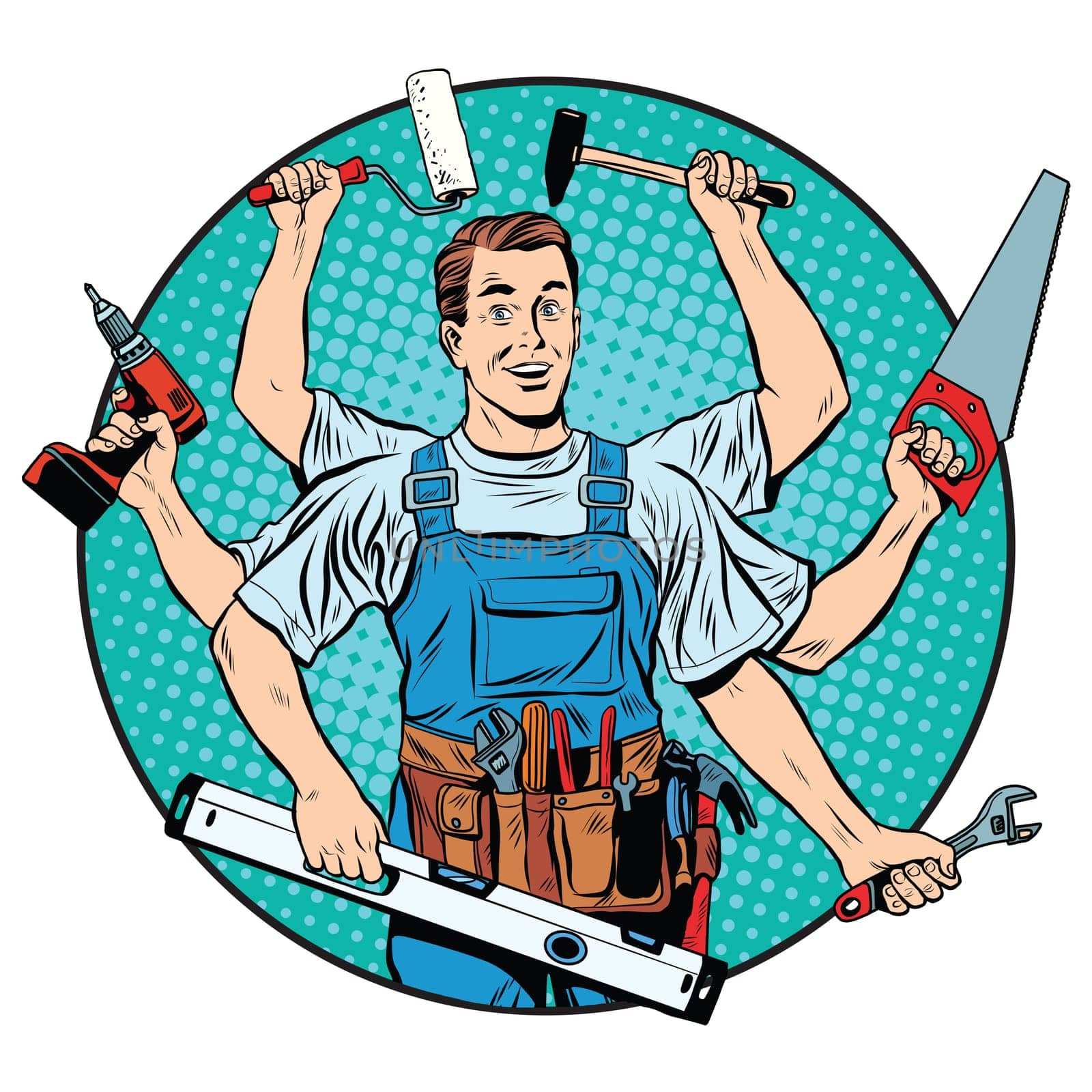 multi-armed master repair professional pop art retro style. Industry repair and construction. Man with tools in his hands.
