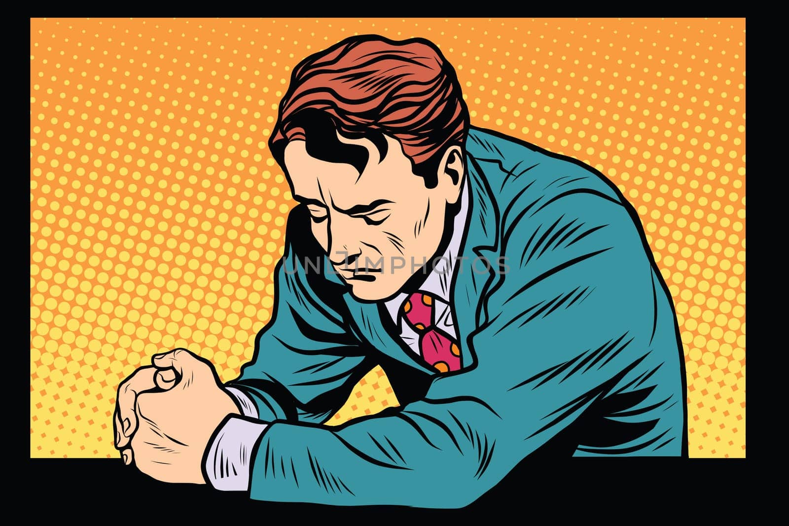 Prayer man praying, sad emotions pop art retro style. Religion and faith. Retro man vector