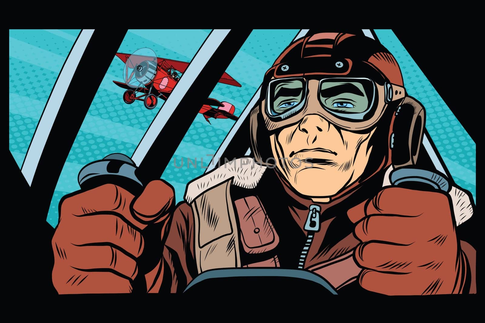 Pilot flying military aircraft pop art retro style. Retro army. Retro vector aviation